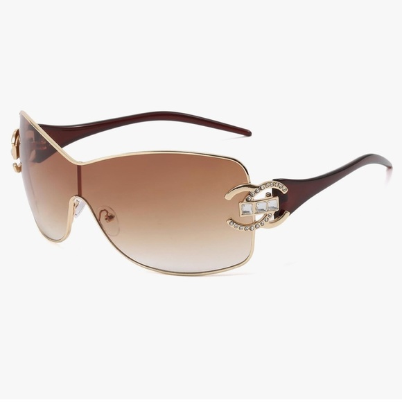 Y2K luxury look sunglasses wrap around style blinged rhinestone brown ombré lens - Picture 1 of 3
